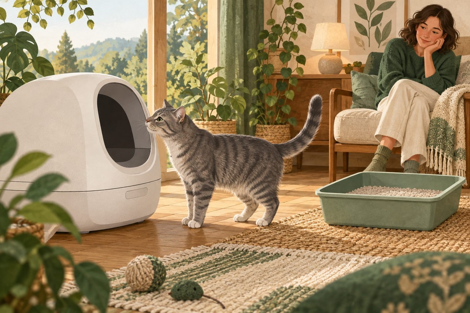 Illustration éditoriale : Habituer son chat à une litière automatique