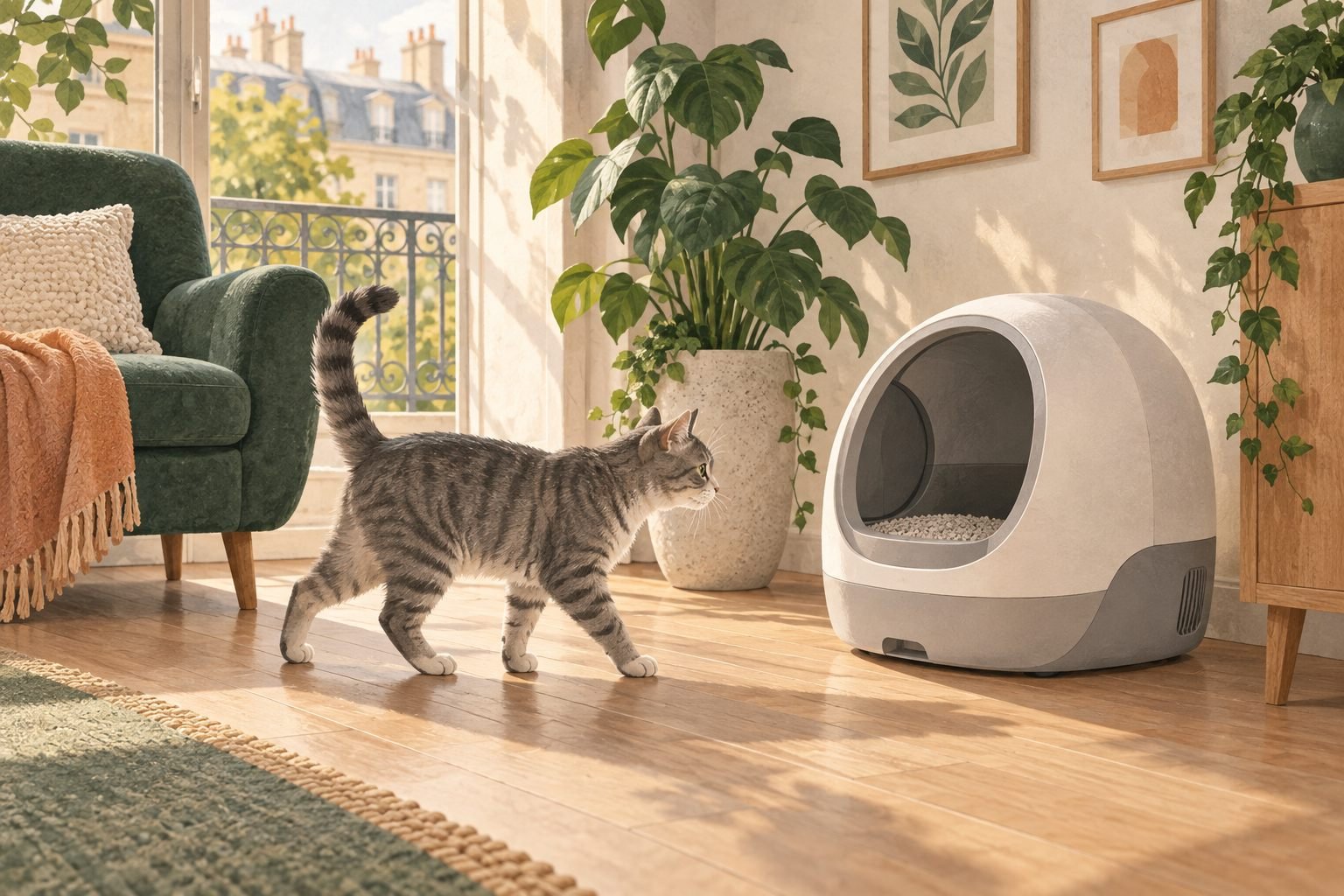 Illustration éditoriale : Litière automatique en petit appartement